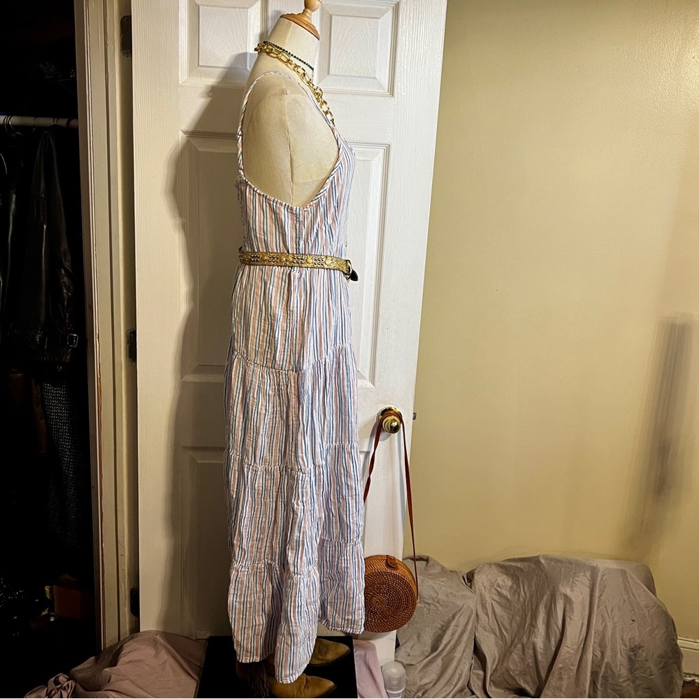 New Women’s Pinstriped 100% Cotton Tiered Gauzy Prairie Festival Maxi Dress M - Picture 3 of 9
